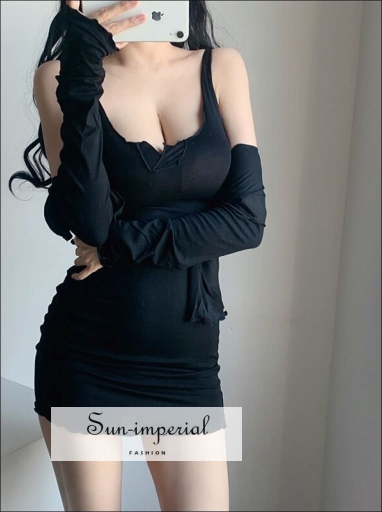 Sun-imperial - women ruched bust cami mini bodycon dress and flare long sleeve frill trimmed top two Grey / S Sun-imperial - women ruched bust cami mini bodycon dress and flare long sleeve frill trimmed top two Grey / S