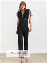 Le Havre Jumpsuit -women Solid Black and White Vintage Mesh Tie Strap Deep V Neck Sleeveless High Patchwork, Sleeveless, Slim Pants Female, 