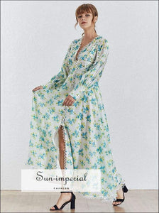 Le Mans Dress - Casual Print Women V Neck Lantern Sleeve Lace Patchwork High Waist Split Print, Sleeve, Patchwork, Neck, vintage 