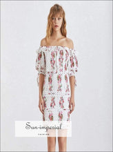 Le Tampon Dress - Print for Women Slash Neck Lantern Sleeve High Waist Lace Mini Short Sleeve, Dresses, Dress, Neck, Vintage SUN-IMPERIAL 