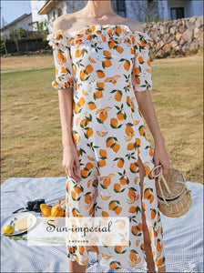 Lemon Print Women Dress Summer Vintage Ruffle off the Shoulder Neck R Sun SUN-IMPERIAL United States
