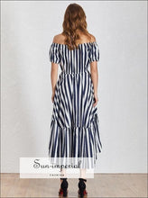 Lena Dress - Summer Striped Women O Neck Short Sleeve High Waist Hit Color Asymmetrical Midi Waist, Neck, Sleeve, Striped, vintage 