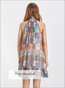 Lencom Dress - Vintage Patchwork Sleeveless High Neck Mini Loose Off Shoulder, Sleeveless, Stand Collar, vintage, Women’s SUN-IMPERIAL 
