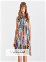 Lencom Dress - Vintage Patchwork Sleeveless High Neck Mini Loose Off Shoulder, Sleeveless, Stand Collar, vintage, Women’s SUN-IMPERIAL 