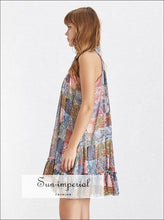 Lencom Dress - Vintage Patchwork Sleeveless High Neck Mini Loose Off Shoulder, Sleeveless, Stand Collar, vintage, Women’s SUN-IMPERIAL 