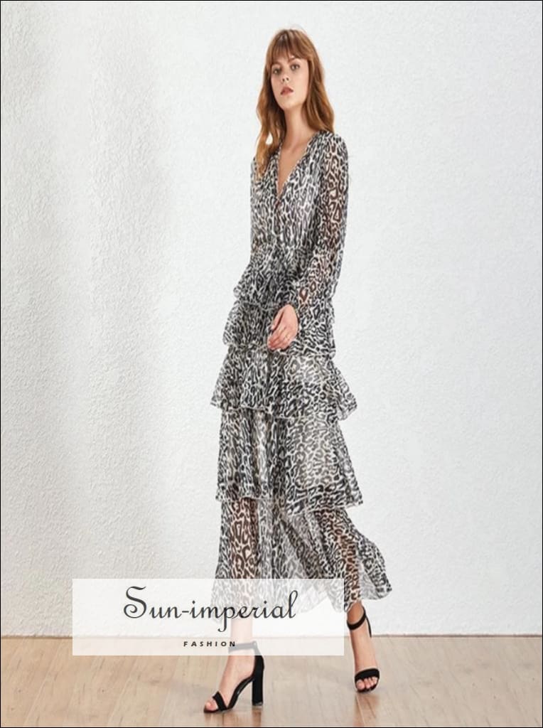 Leo Dress- Vintage Leopard Ruffle Dress Women V Neck Long Sleeve High Waist Slim a Line Female Fashion, Waist, Sleeve, Neck, vintage 