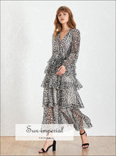 Leo Dress- Vintage Leopard Ruffle Dress Women V Neck Long Sleeve High Waist Slim a Line Female Fashion, Waist, Sleeve, Neck, vintage 
