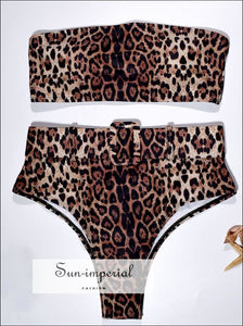Leopard 2 Piece Bikini Tube Bandeau Strapless top and High Waist Belted bottom Hot Pink piece bikini tube bandeau strapless SUN-IMPERIAL 