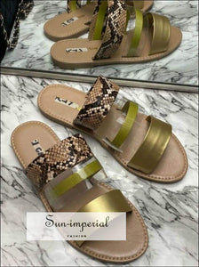Leopard Double Band Flat Slide Sandals - Yellow