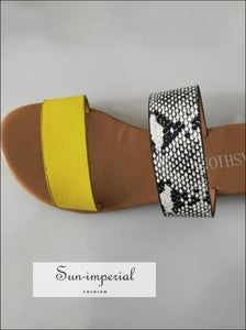 Leopard Double Band Flat Slide Sandals - Yellow animal print, Flat, Flip Flops, Leather/PU, SUN-IMPERIAL United States