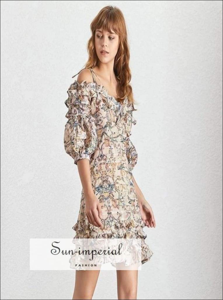 Lexi Dress- Vintage Floral Print Cold Shoulder Lantern Sleeve Women Mini Dress Ruffles Hem A-line Dresses, High Waist, Sleeve, Strapless, 