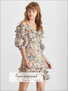 Lexi Dress- Vintage Floral Print Cold Shoulder Lantern Sleeve Women Mini Dress Ruffles Hem A-line Dresses, High Waist, Sleeve, Strapless, 
