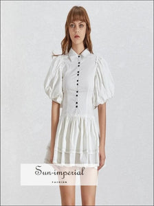 Lidia Dress - Casual White Dress for Women Lapel Collar Puff Short Sleeve High Waist Button Mini