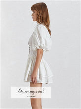 Lidia Dress - Casual White Dress for Women Lapel Collar Puff Short Sleeve High Waist Button Mini