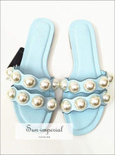 Light Blue Double Band Pearl Flats Sandals Casual Beach Slide Flip Flops Slippers Black SUN-IMPERIAL United States