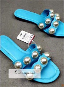 Light Blue Double Band Pearl Flats Sandals Casual Beach Slide Flip Flops Slippers Black SUN-IMPERIAL United States
