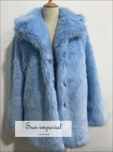 Light Blue Shaggy Women Faux Fur Jacket Mid Length Coat Beach Style Print, Bohemian Style, chick sexy style, elegant harajuku style 