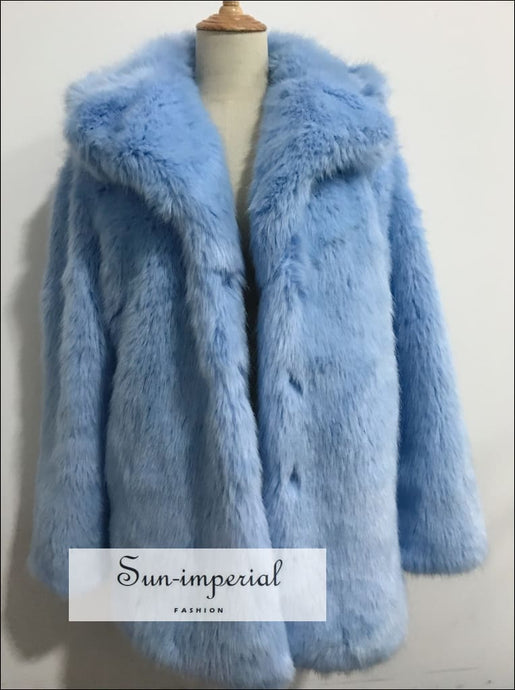 Light Blue Shaggy Women Faux Fur Jacket Mid Length Coat Beach Style Print, Bohemian Style, chick sexy style, elegant harajuku style 