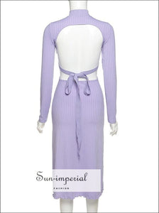 Lilac Purple Backless Long Sleeve Ribbed Midi Dress with Mock Turtleneck Low back and Tie detail With Back And Detail, bohemian style, chick