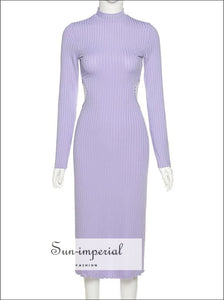 Lilac Purple Backless Long Sleeve Ribbed Midi Dress with Mock Turtleneck Low back and Tie detail With Back And Detail, bohemian style, chick