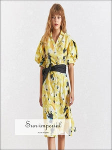 Liliana Dress- Summer Elegant Print Dress for Women Lapel Half Puff Sleeve High Wasit Bandage Bowknot, Print, Sleeve, Wasit, Vintage 