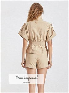 Sun-Imperial Lillian Shorts Set - Solid Summer Two Piece Set for Women Turtleneck Short Sleeve top High Waist