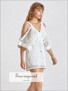 Limoges Romper - White Lace Short V Neck Cold Shoulder Backless High Waist Jumpsuit