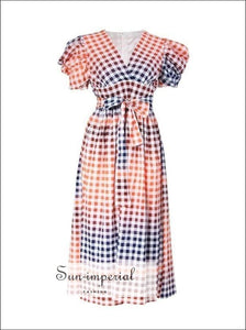 Linda Dress - Vintage Plaid Colorful Maxi V Neck Puff Short Sleeve Casual, Long Dresses, Sleeve, Neck, vintage SUN-IMPERIAL United States