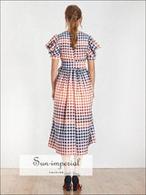 Linda Dress - Vintage Plaid Colorful Maxi V Neck Puff Short Sleeve Casual, Long Dresses, Sleeve, Neck, vintage SUN-IMPERIAL United States