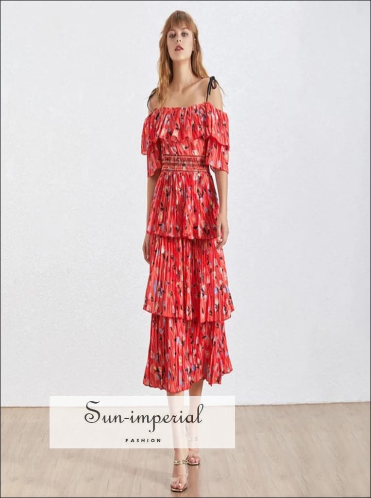 Lird Dress - Red Vintage Floral Print Midi Dress off Shoulder Tie Strap Ruffles Dress