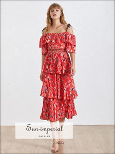Lird Dress - Red Vintage Floral Print Midi Dress off Shoulder Tie Strap Ruffles Dress
