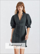 Liron Dress- Vintage Solid Women Dress V Neck Puff Sleeve High Waist Button Slim Mini Slim, Sleeve, Dress, Neck, SUN-IMPERIAL United States