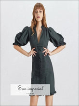 Liron Dress- Vintage Solid Women Dress V Neck Puff Sleeve High Waist Button Slim Mini Slim, Sleeve, Dress, Neck, SUN-IMPERIAL United States