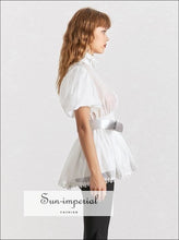 Lisa top - Black and White Elegant Sheer Belted Women Blouse Lapel Collar Short Puff Sleeve Chiffon