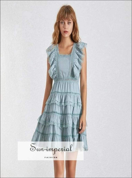Lora Dress - Elegant Solid Women Square Collar Sleeveless High Waist Ruffles Slim Mini Elegant, Sleeveless, Dresses, Collar, vintage 