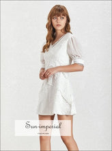 Lorelei Dress - White Short Sleeve Mini Dress Lace Patchwork V Neck