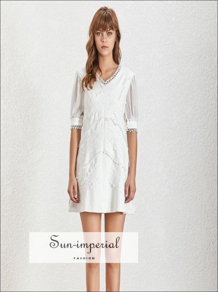Lorelei Dress - White Short Sleeve Mini Dress Lace Patchwork V Neck