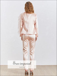 Sun-Imperial Louie Pants Set - Feathers Patchwork Female Set Lapel Long Sleeve Blazer High Waist full Length