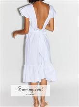 Lovers Dress - Vintage Backless White Midi High Waist Short Sleeve with Ruffles Decor dress - midi short decor high neck ankle length dress,