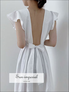 Lovers Dress - Vintage Backless White Midi High Waist Short Sleeve with Ruffles Decor dress - midi short decor high neck ankle length dress,