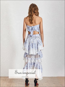 Lucca Skirt Set - Floral Print Two Piece Tube Crop top High Waist Sequin Asymmetrical Maxi Waist, Off Shoulder, Patchwork Irregular Skirt, 
