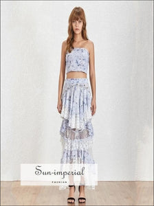 Lucca Skirt Set - Floral Print Two Piece Tube Crop top High Waist Sequin Asymmetrical Maxi Waist, Off Shoulder, Patchwork Irregular Skirt, 