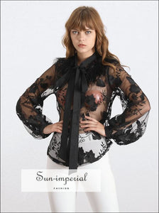 Lucia top - Women's Vintage Lace Sheer Bow Lantern Sleeve Blouse
