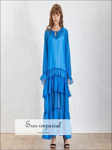Lucy Dress- Solid Blue Sheer Maxi Dress O Neck Lantern Sleeve Oversize Ruffles Ankle Length, Big Size, blue, dress, full length dress 