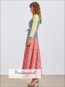 Lyla Dress- Summer Hit Color Patchwork Dress for Women O Neck Long Sleeve Bow Pleated Female Bandage Bow, Sleeve, Neck, Dress, vintage 