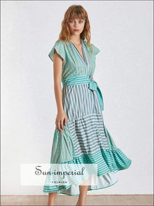 Lyric Dress- Summer Striped Women Dress V Neck Short Sleeve High Waist Asymmetrical Dresses Waist, Sleeve, Dress, Neck, vintage SUN-IMPERIAL