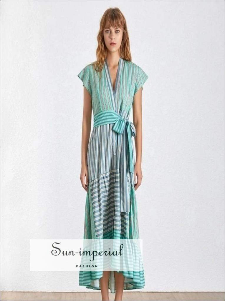 Lyric Dress- Summer Striped Women Dress V Neck Short Sleeve High Waist Asymmetrical Dresses Waist, Sleeve, Dress, Neck, vintage SUN-IMPERIAL