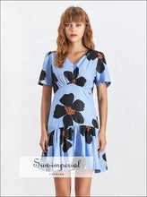 Maine Dress - Casual Flower Print Mini for Women V Neck Short Sleeve High Waist Slim Print, Dresses, Sleeve, Neck, vintage SUN-IMPERIAL 