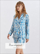 Sun-Imperial Maldives Shorts Set - Women Blue Hearts Print Blazer Suit Flare Sleeve Coat Shorts Two Piece Set