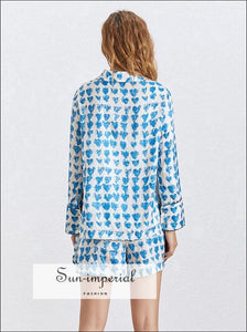 Sun-Imperial Maldives Shorts Set - Women Blue Hearts Print Blazer Suit Flare Sleeve Coat Shorts Two Piece Set